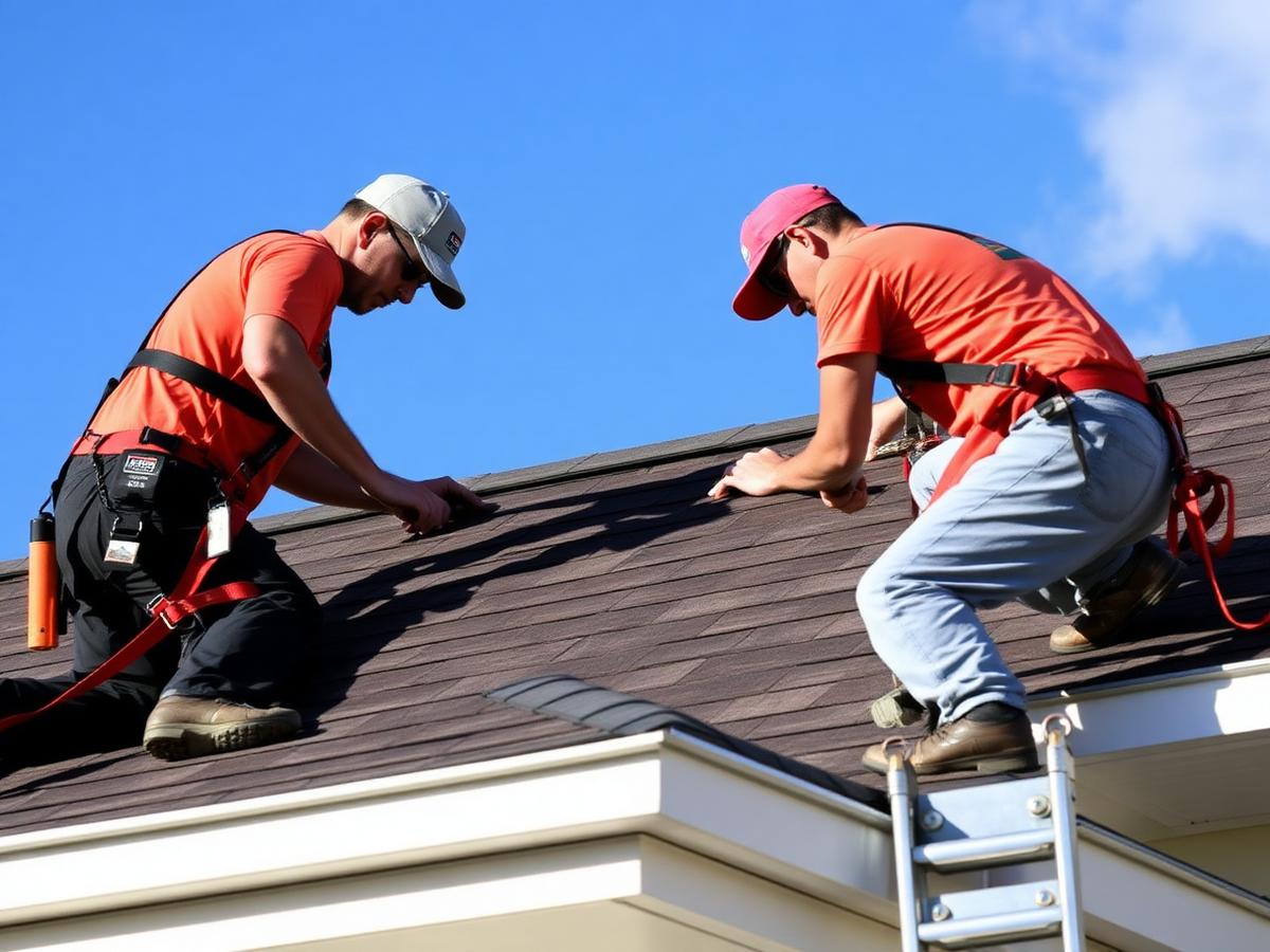 Roofers installing shingles