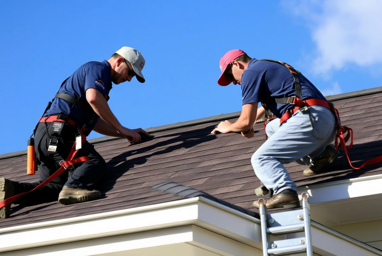 Renova roofers installing shingles on a home