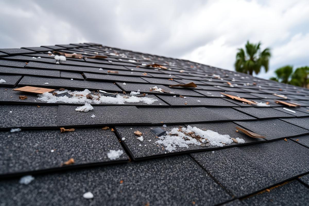 Storm-damaged shingle roof in South Florida