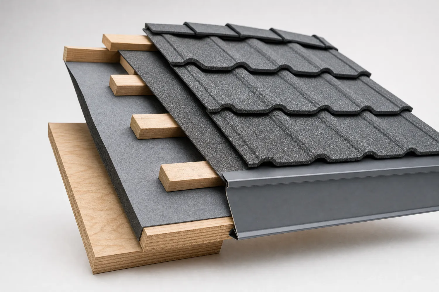 Cut-away of a stone-coated metal tile roof: plywood deck, underlayment, eave trim, wood battens, stone-coated metal tile (illustrative rendering)