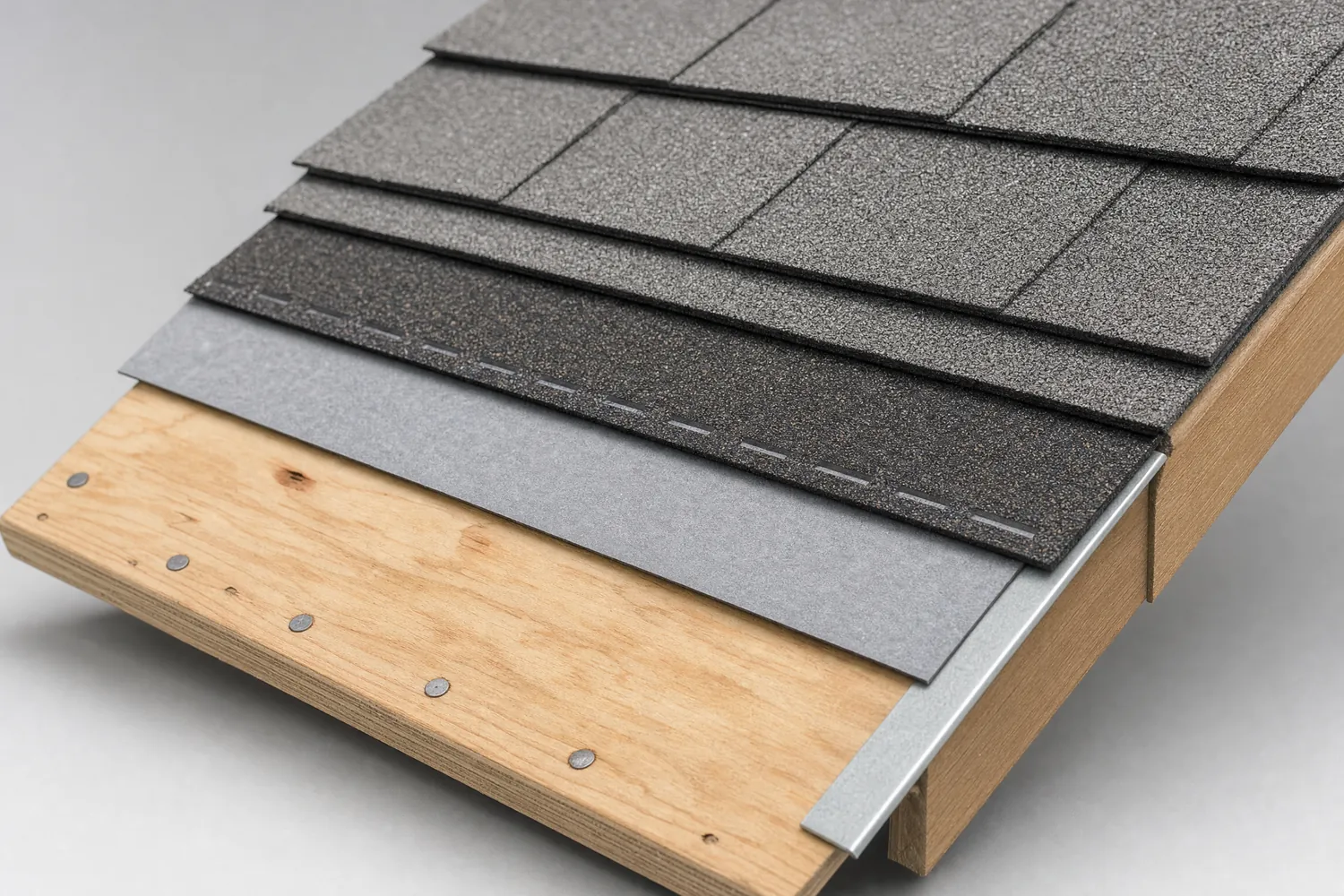 Corte de un techo de shingle: entablado de madera contrachapada, membrana base sintética, goterón, tira de arranque, shingles arquitectónicos (imagen ilustrativa)