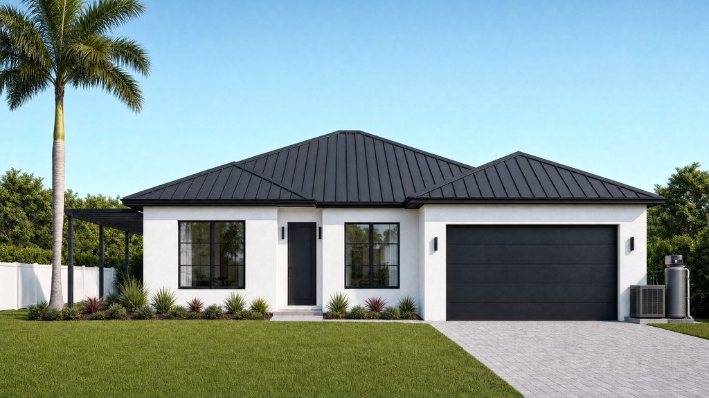 Casa moderna del Sur de Florida con un techo de metal de junta alzada color carbón