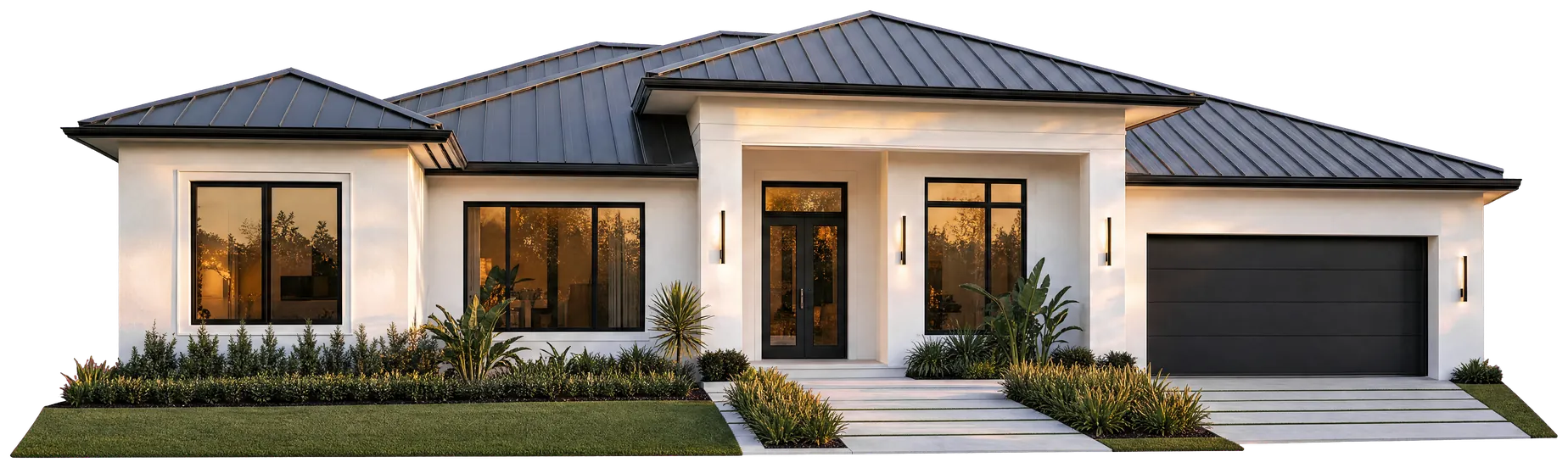 Casa moderna del Sur de Florida con un nuevo techo de metal de junta alzada color carbón y estuco blanco (imagen ilustrativa)