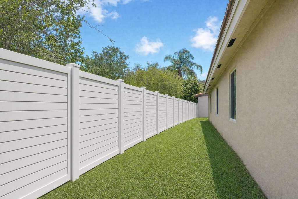 White aluminum privacy fence along the side yard of a South Florida home (illustrative rendering)