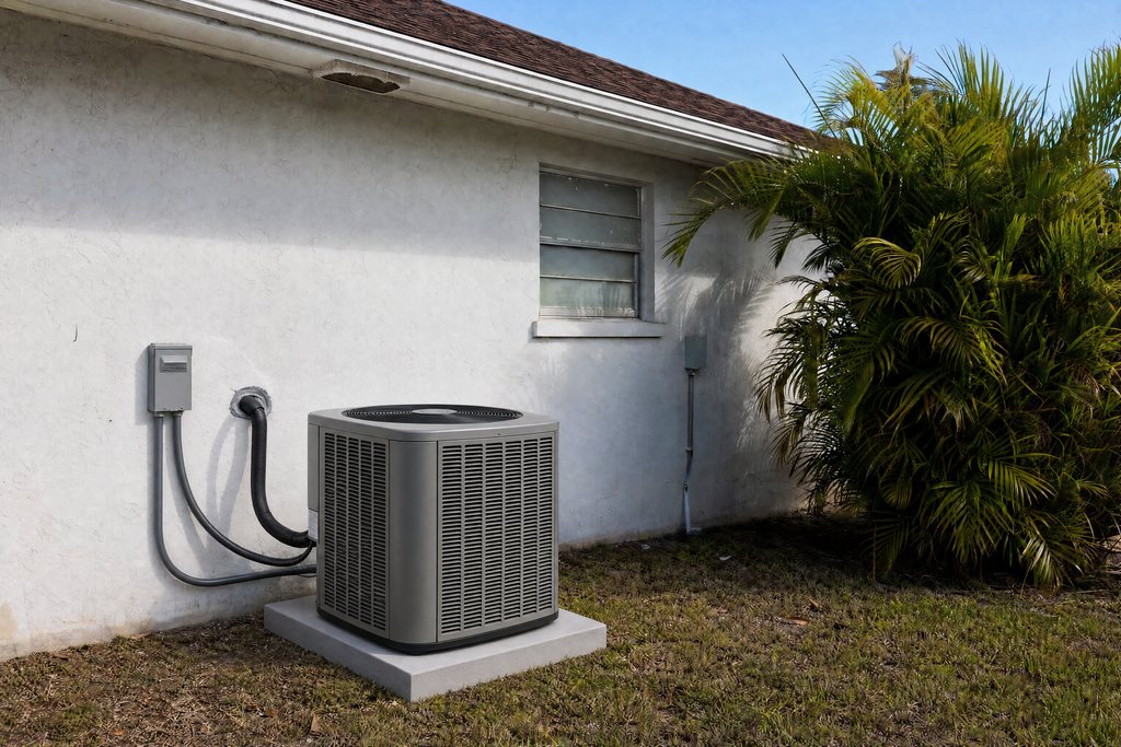 New high-efficiency AC condenser on a concrete pad beside a South Florida home (illustrative rendering)