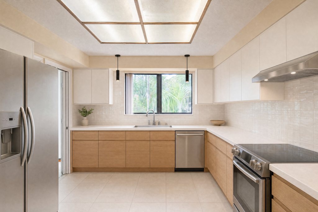 Remodeled kitchen with white and light oak cabinets, quartz counters and stainless appliances (illustrative rendering)