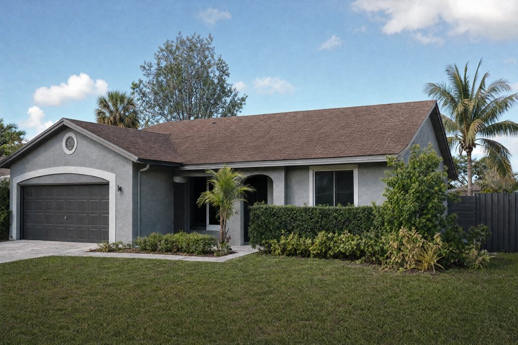 Casa de estuco gris en el Sur de Florida con un techo de shingles arquitectónicos reparado (imagen ilustrativa)