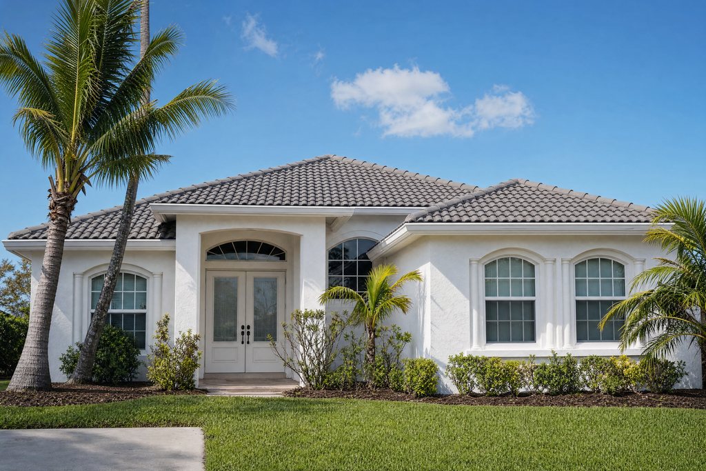 Casa blanca del Sur de Florida con su techo de tejas totalmente restaurado después de un huracán (imagen ilustrativa)
