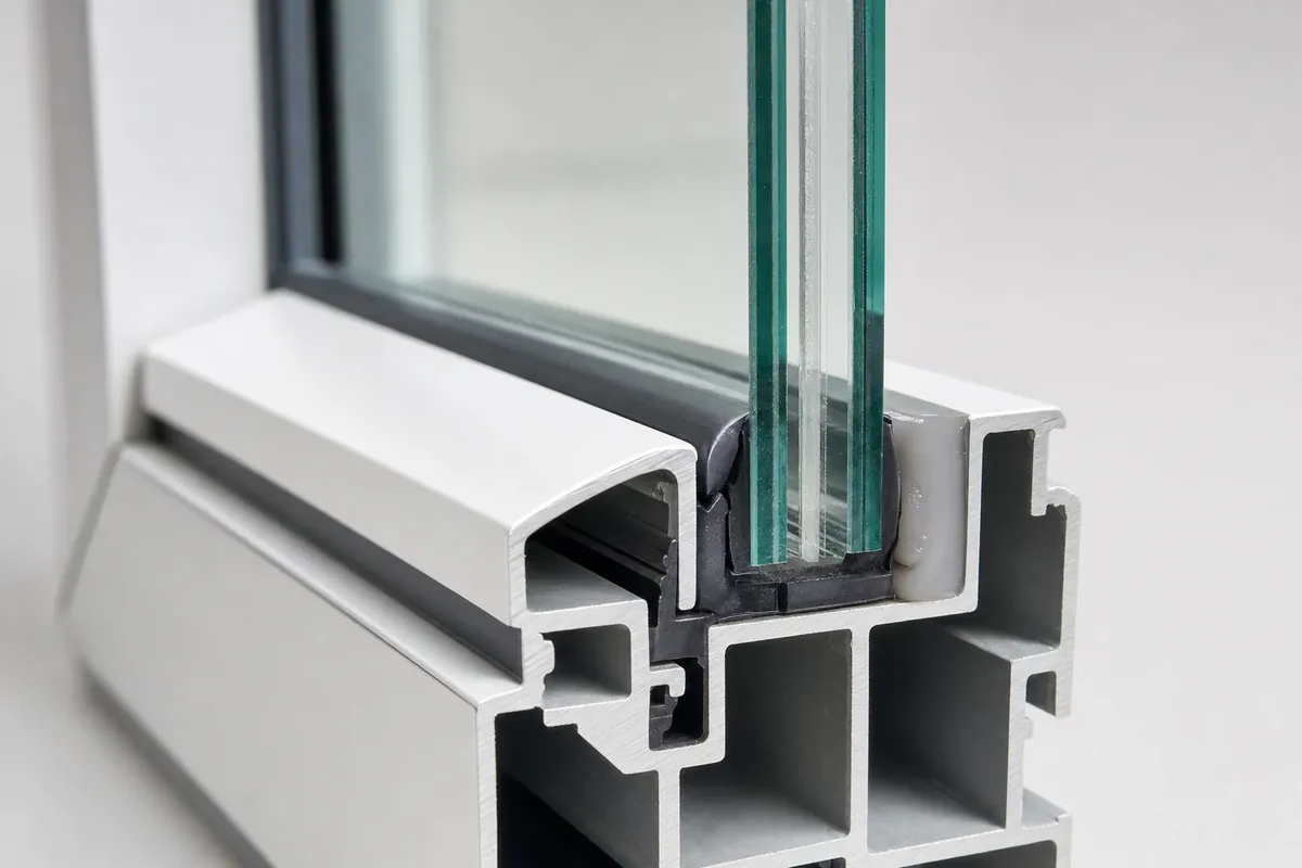 Cut-away corner of an impact window: two layers of glass bonded to a clear interlayer, set in a seal inside an aluminum frame (illustrative rendering)